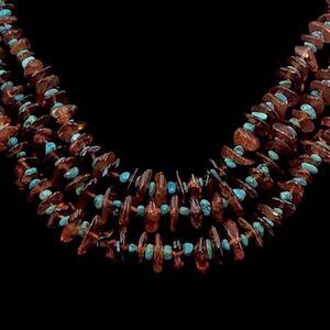 Amber Chip Turquoise Three Strand Necklace Sterling Silver 18-20”